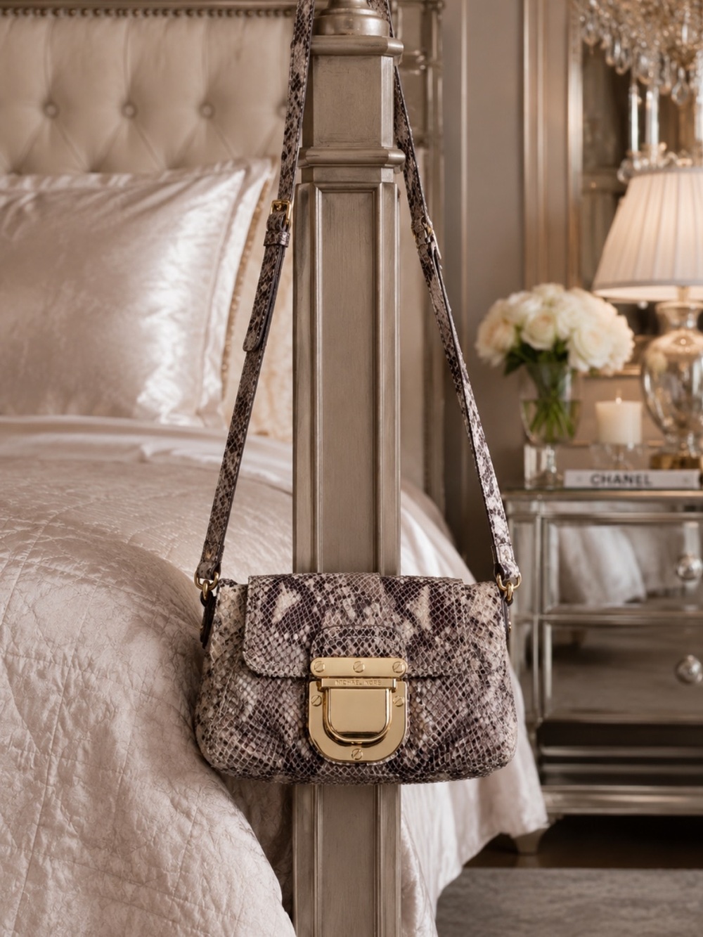 Michael Kors Snakeskin Embossed Leather Crossbody Bag Gold Hardware PythonPrint
